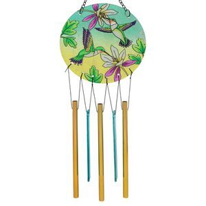 Hummingbirds with White Lily Flowers Painted Glass Wind Chime Decoration